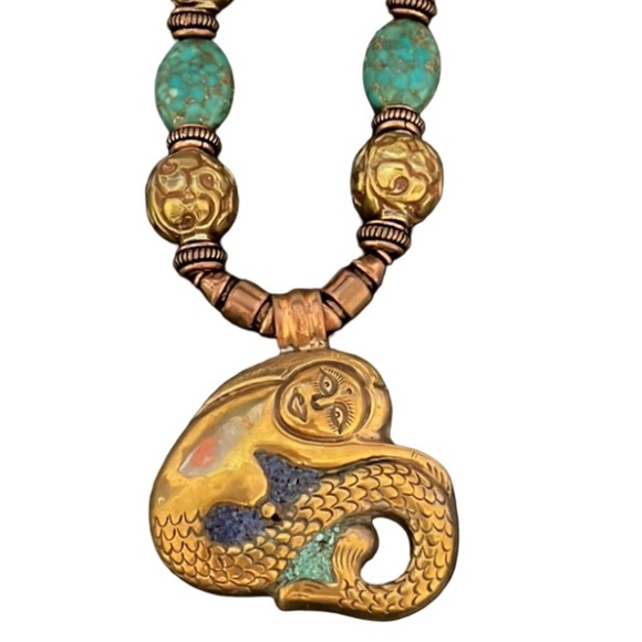 Vintage Jewelry - Antique Victorian Turkish Bronze Work w Turquoise Stone Beaded Mermaid Necklace